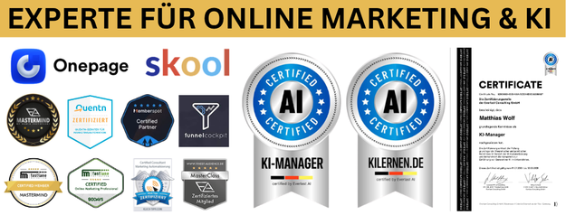 Experte für Online Marketing und KI — Zertifikate und Partner-Badges von Matthias Wolf